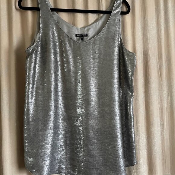 Grey/silver Eileen Fisher sequined silk top, size large - Picture 1 of 6